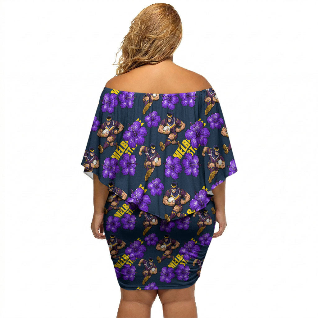 Melbourne Storm Off Shoulder Short Dress Tropical Hibiscus Floral Seamless Rugby Mascot