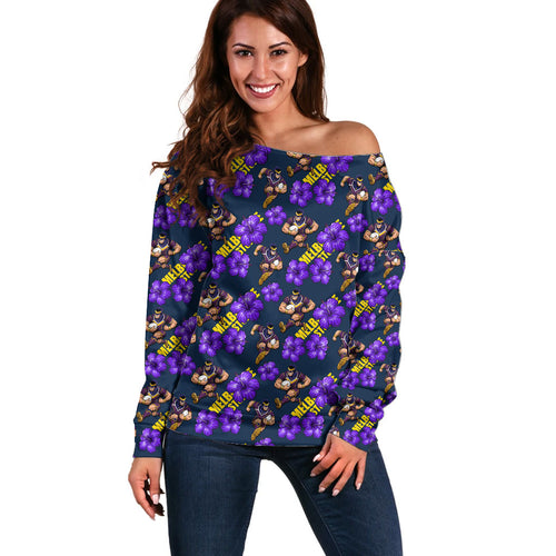 Melbourne Storm Off Shoulder Sweater Tropical Hibiscus Floral Seamless Rugby Mascot