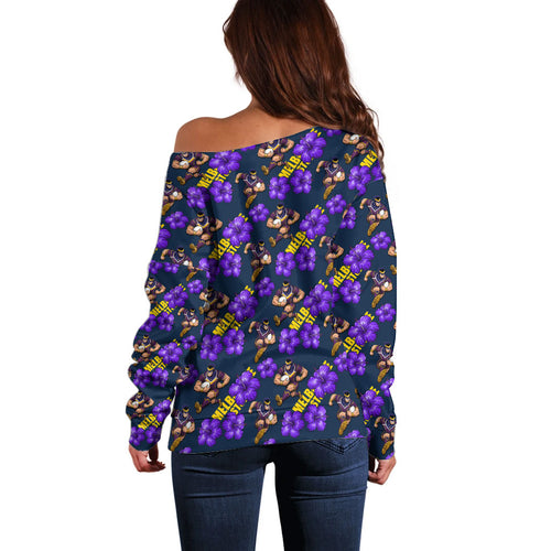 Melbourne Storm Off Shoulder Sweater Tropical Hibiscus Floral Seamless Rugby Mascot