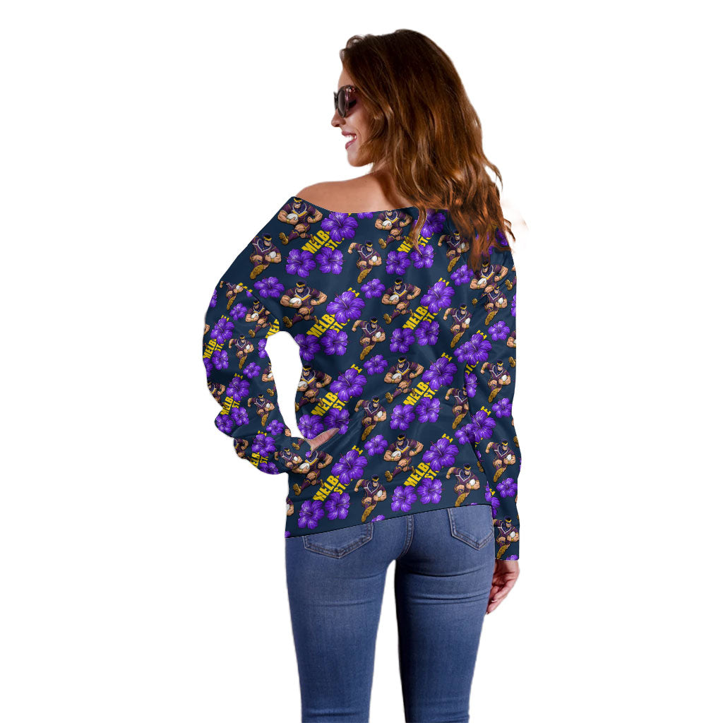 Melbourne Storm Off Shoulder Sweater Tropical Hibiscus Floral Seamless Rugby Mascot