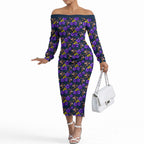 Melbourne Storm Off The Shoulder Long Sleeve Dress Tropical Hibiscus Floral Seamless Rugby Mascot
