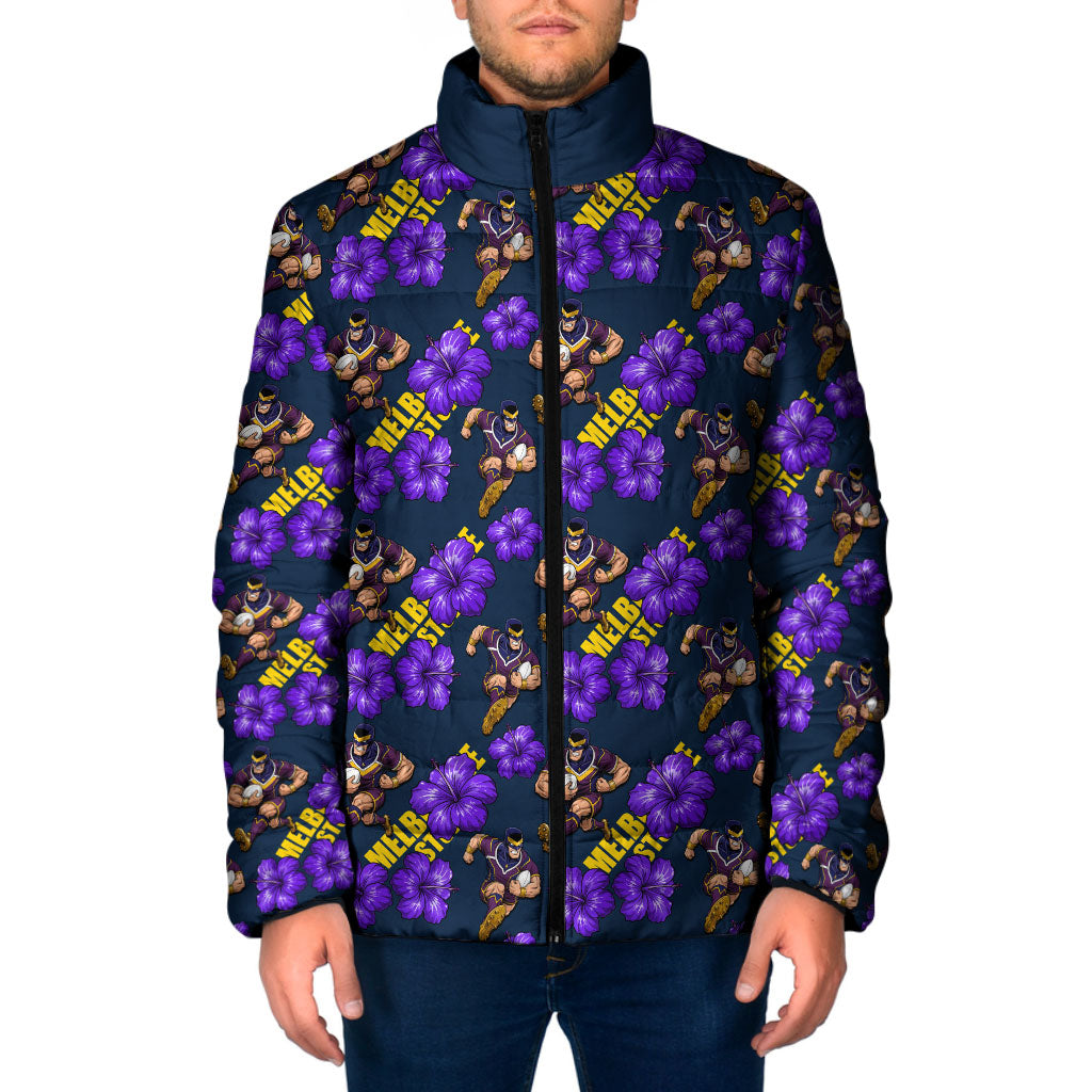 Melbourne Storm Padded Jacket Tropical Hibiscus Floral Seamless Rugby Mascot