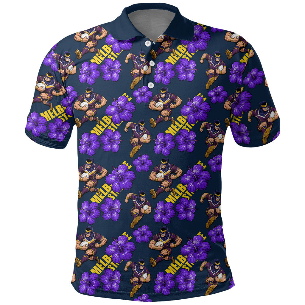 Melbourne Storm Polo Shirt Tropical Hibiscus Floral Seamless Rugby Mascot