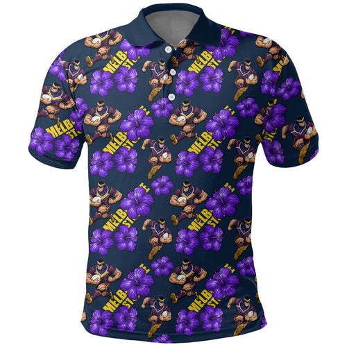 Melbourne Storm Polo Shirt Tropical Hibiscus Floral Seamless Rugby Mascot