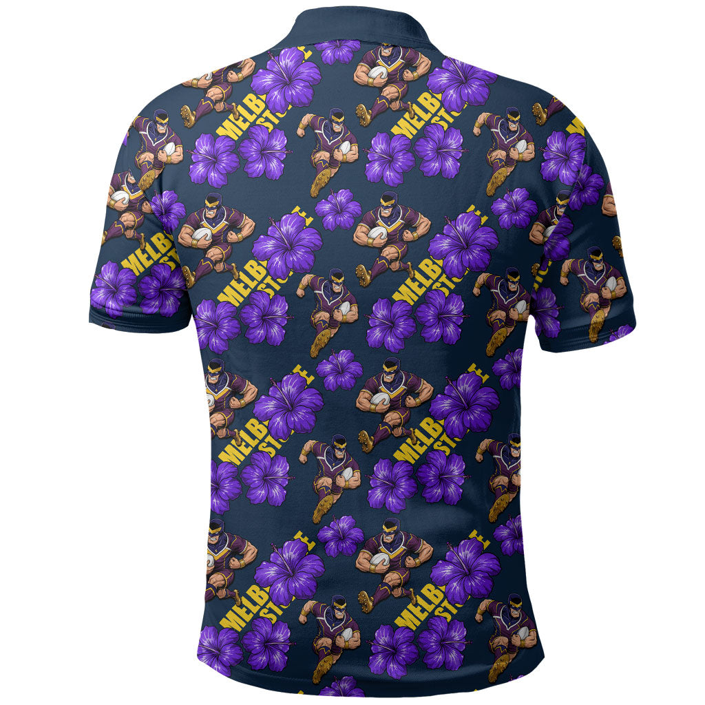 Melbourne Storm Polo Shirt Tropical Hibiscus Floral Seamless Rugby Mascot