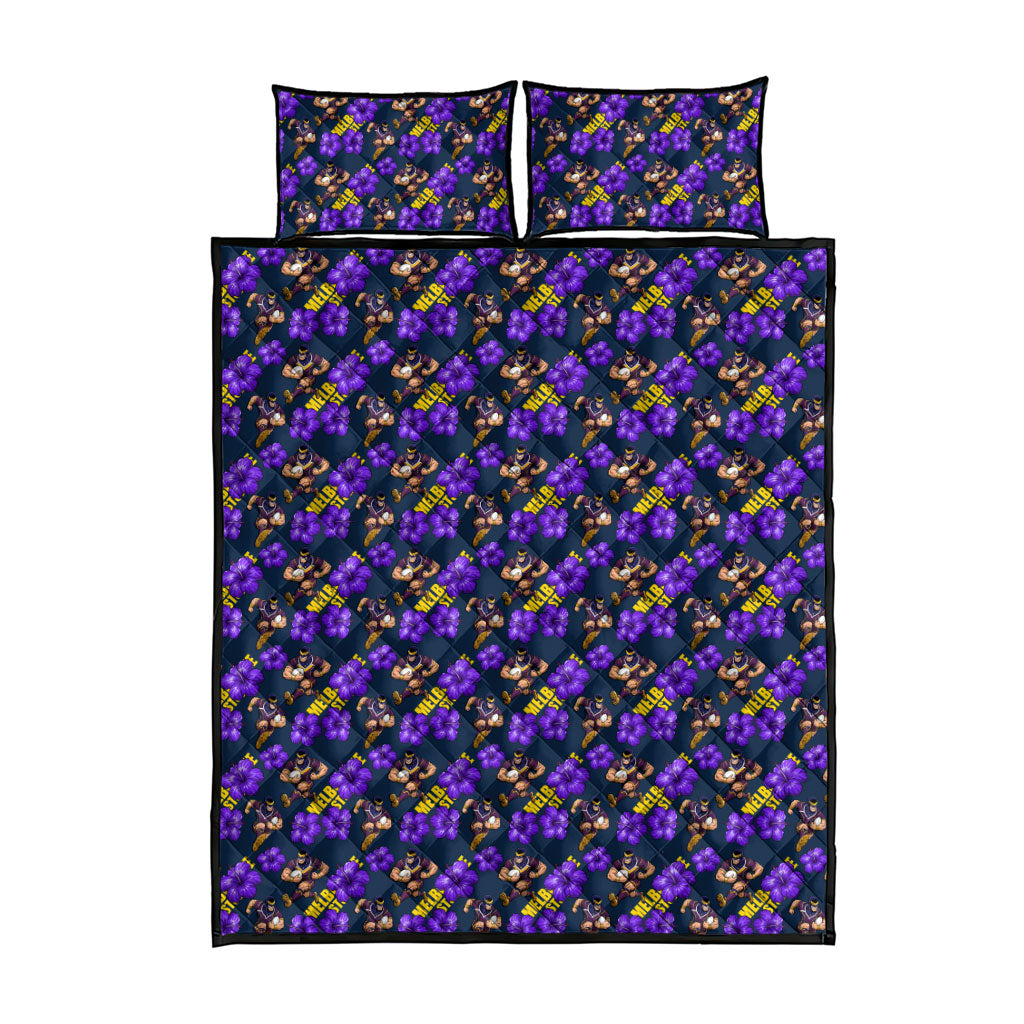 Melbourne Storm Quilt Bed Set Tropical Hibiscus Floral Seamless Rugby Mascot