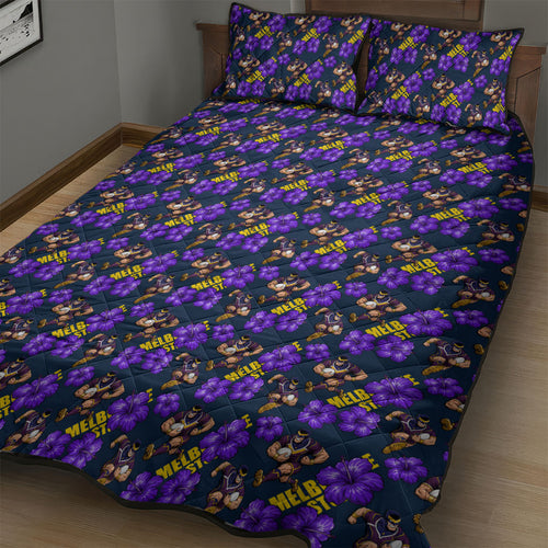 Melbourne Storm Quilt Bed Set Tropical Hibiscus Floral Seamless Rugby Mascot