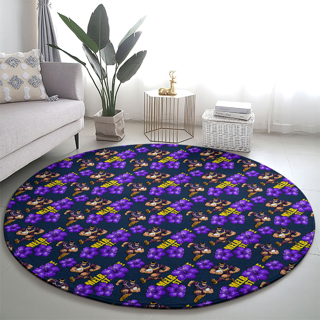 Melbourne Storm Round Carpet Tropical Hibiscus Floral Seamless Rugby Mascot