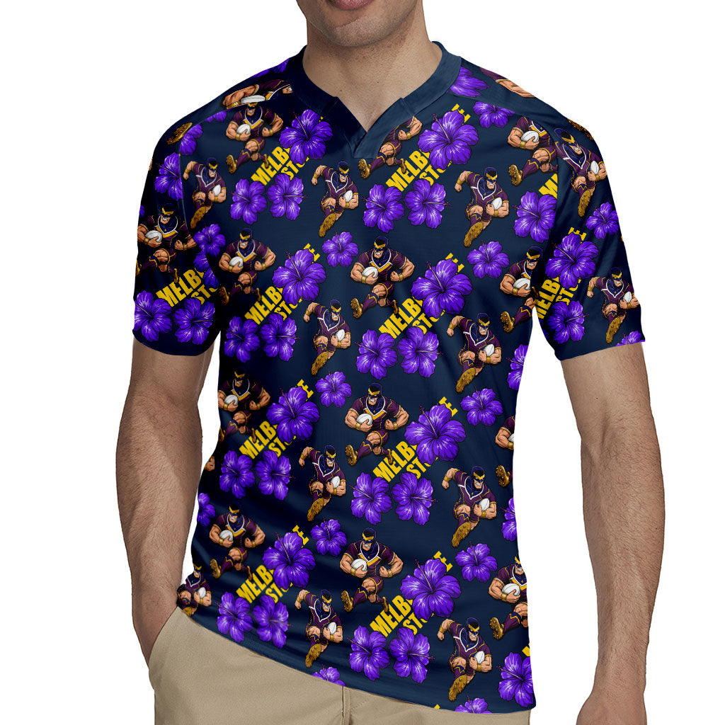 Melbourne Storm Rugby Jersey Tropical Hibiscus Floral Seamless Rugby Mascot