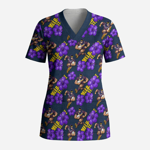 Melbourne Storm Scrub Top Tropical Hibiscus Floral Seamless Rugby Mascot