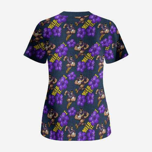 Melbourne Storm Scrub Top Tropical Hibiscus Floral Seamless Rugby Mascot