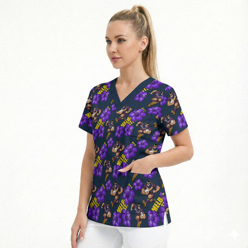 Melbourne Storm Scrub Top Tropical Hibiscus Floral Seamless Rugby Mascot