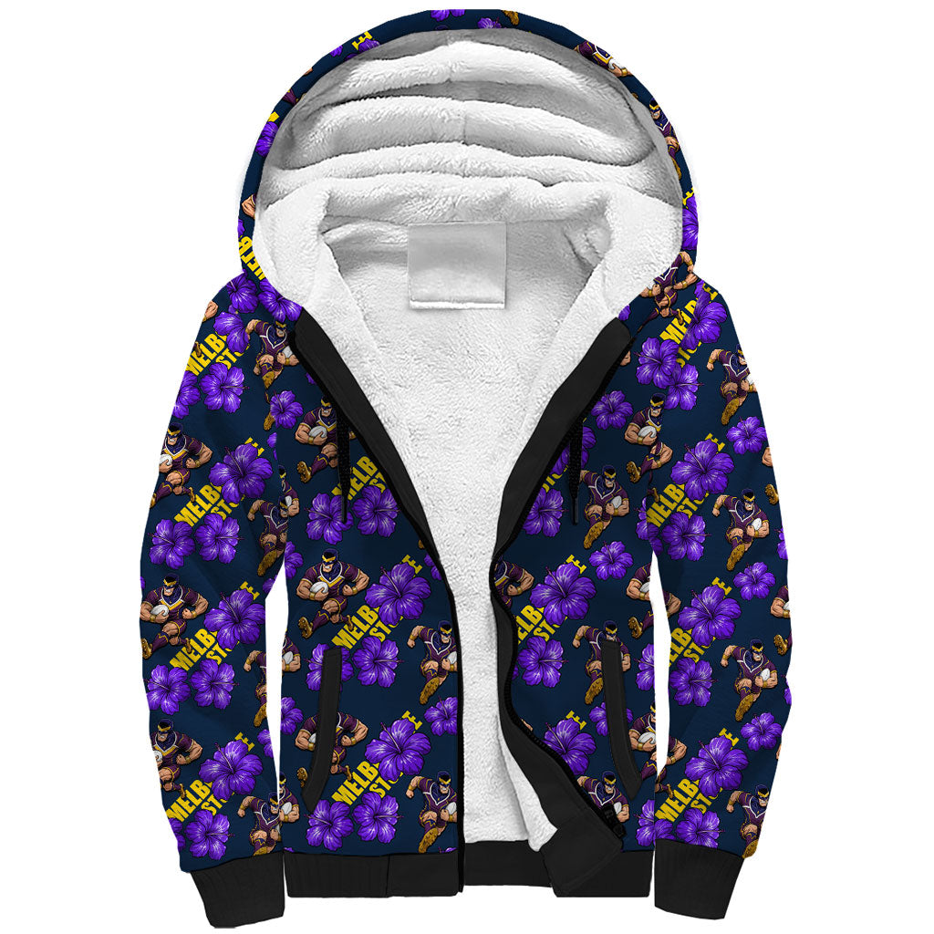 Melbourne Storm Sherpa Hoodie Tropical Hibiscus Floral Seamless Rugby Mascot