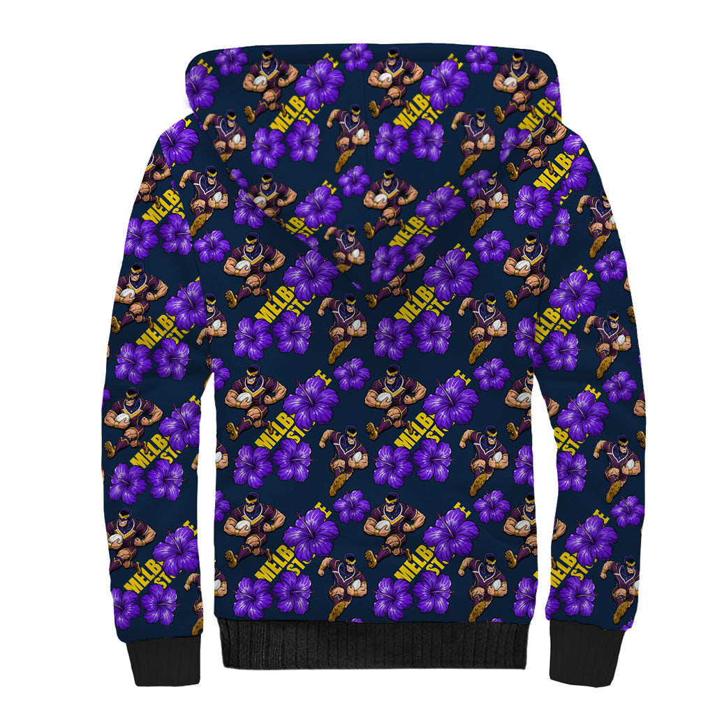 Melbourne Storm Sherpa Hoodie Tropical Hibiscus Floral Seamless Rugby Mascot