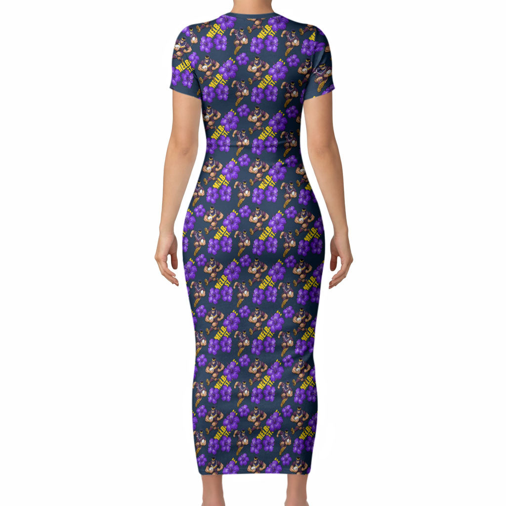 Melbourne Storm Short Sleeve Bodycon Dress Tropical Hibiscus Floral Seamless Rugby Mascot