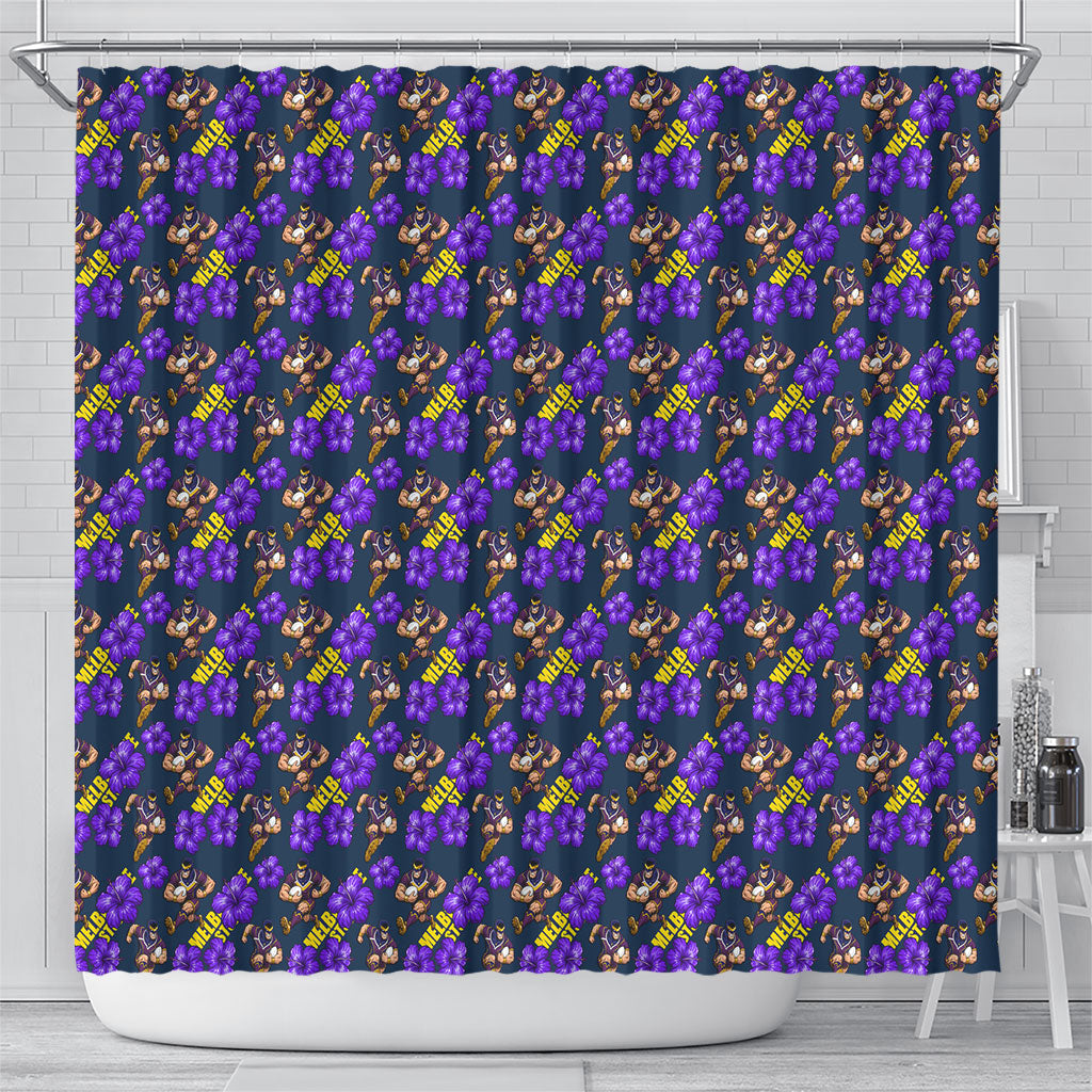 Melbourne Storm Shower Curtain Tropical Hibiscus Floral Seamless Rugby Mascot