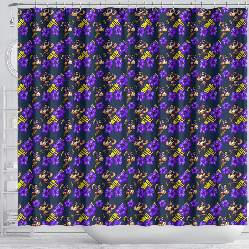 Melbourne Storm Shower Curtain Tropical Hibiscus Floral Seamless Rugby Mascot