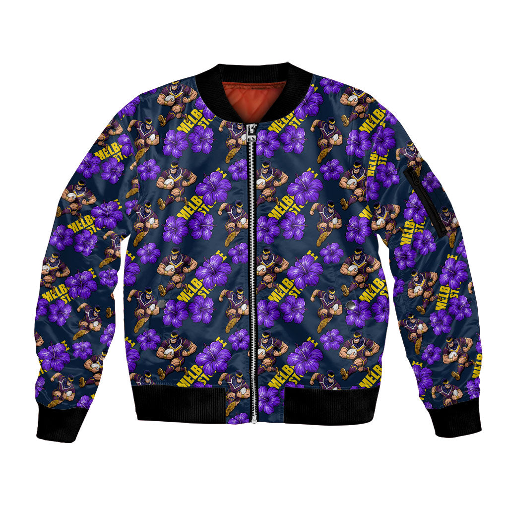 Melbourne Storm Sleeve Zip Bomber Jacket Tropical Hibiscus Floral Seamless Rugby Mascot