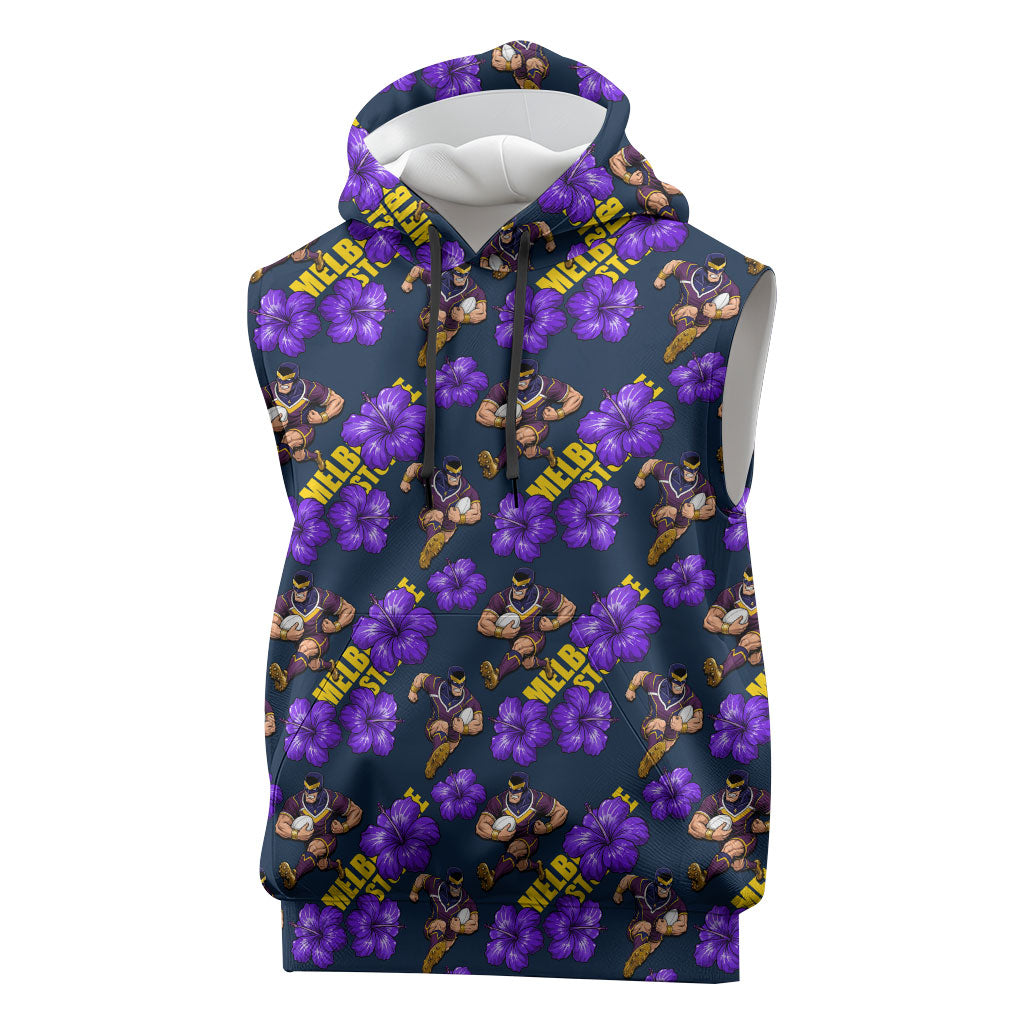 Melbourne Storm Sleeveless Hoodie Tropical Hibiscus Floral Seamless Rugby Mascot