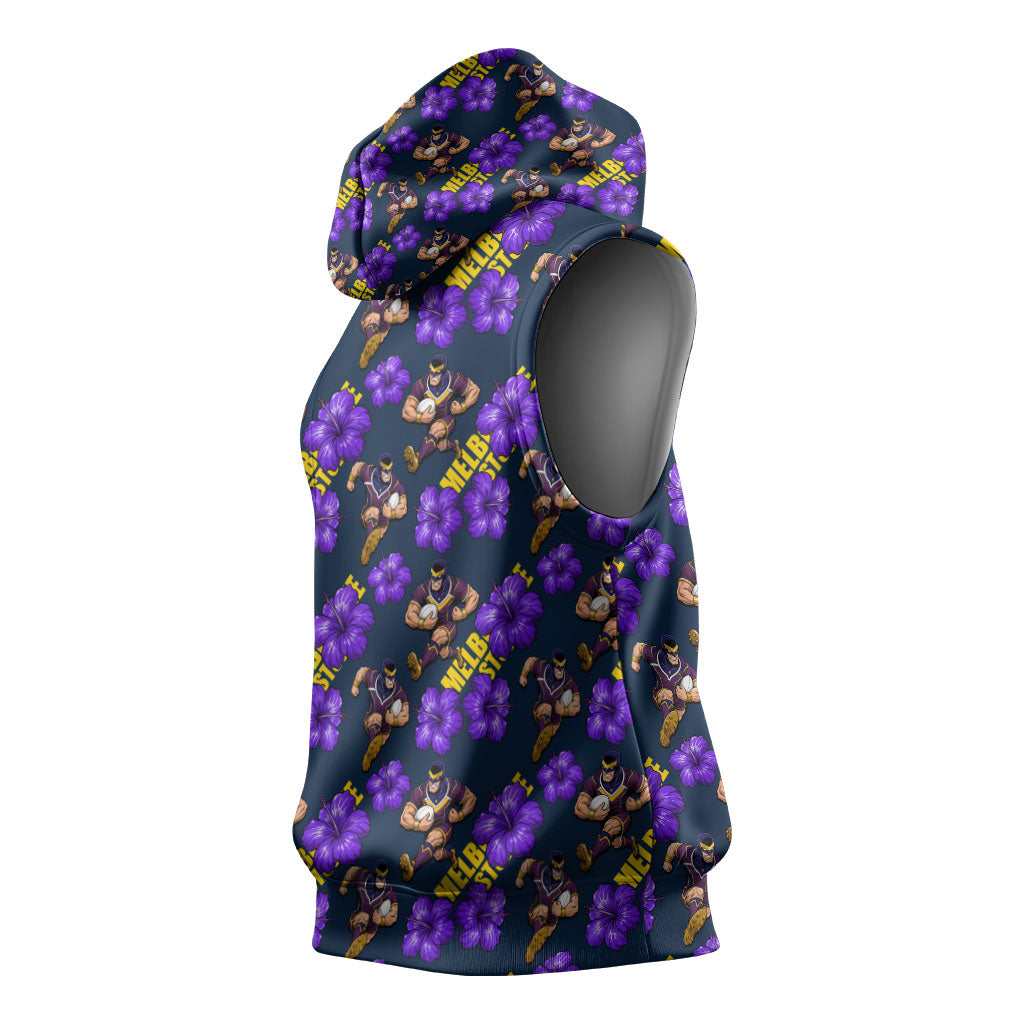Melbourne Storm Sleeveless Hoodie Tropical Hibiscus Floral Seamless Rugby Mascot