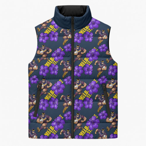 Melbourne Storm Sleeveless Puffer Jacket Tropical Hibiscus Floral Seamless Rugby Mascot