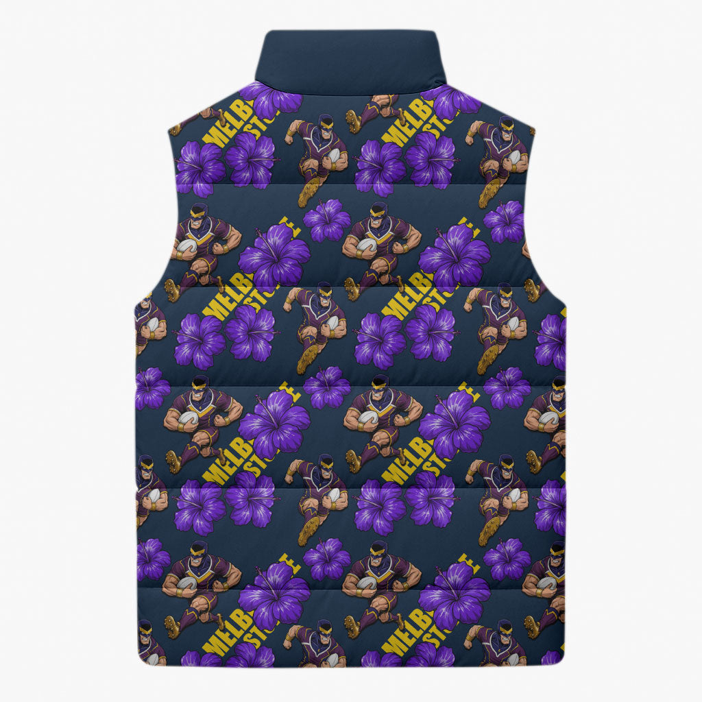 Melbourne Storm Sleeveless Puffer Jacket Tropical Hibiscus Floral Seamless Rugby Mascot