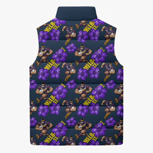 Melbourne Storm Sleeveless Puffer Jacket Tropical Hibiscus Floral Seamless Rugby Mascot