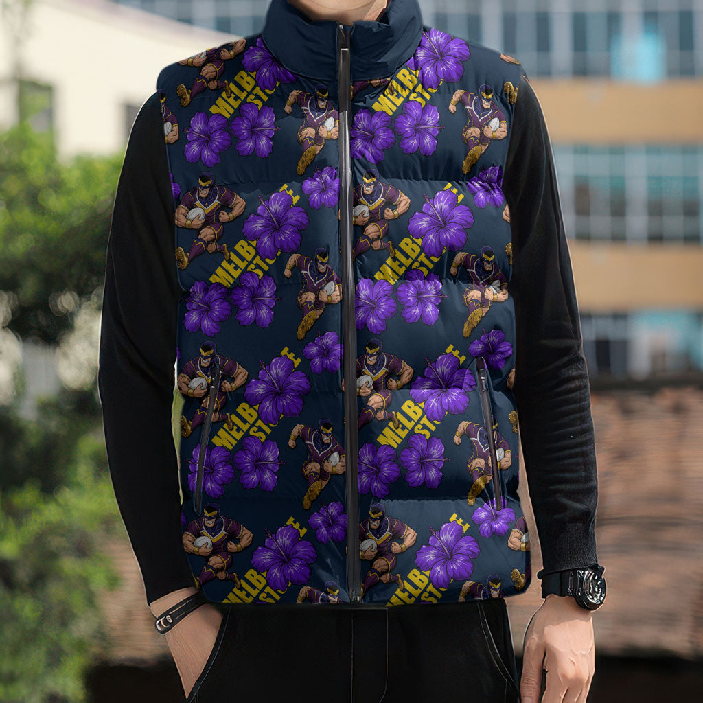 Melbourne Storm Sleeveless Puffer Jacket Tropical Hibiscus Floral Seamless Rugby Mascot