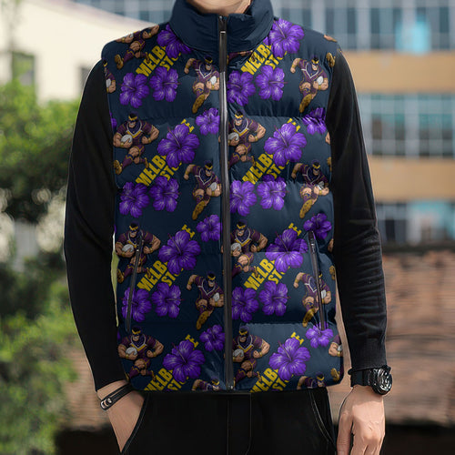 Melbourne Storm Sleeveless Puffer Jacket Tropical Hibiscus Floral Seamless Rugby Mascot