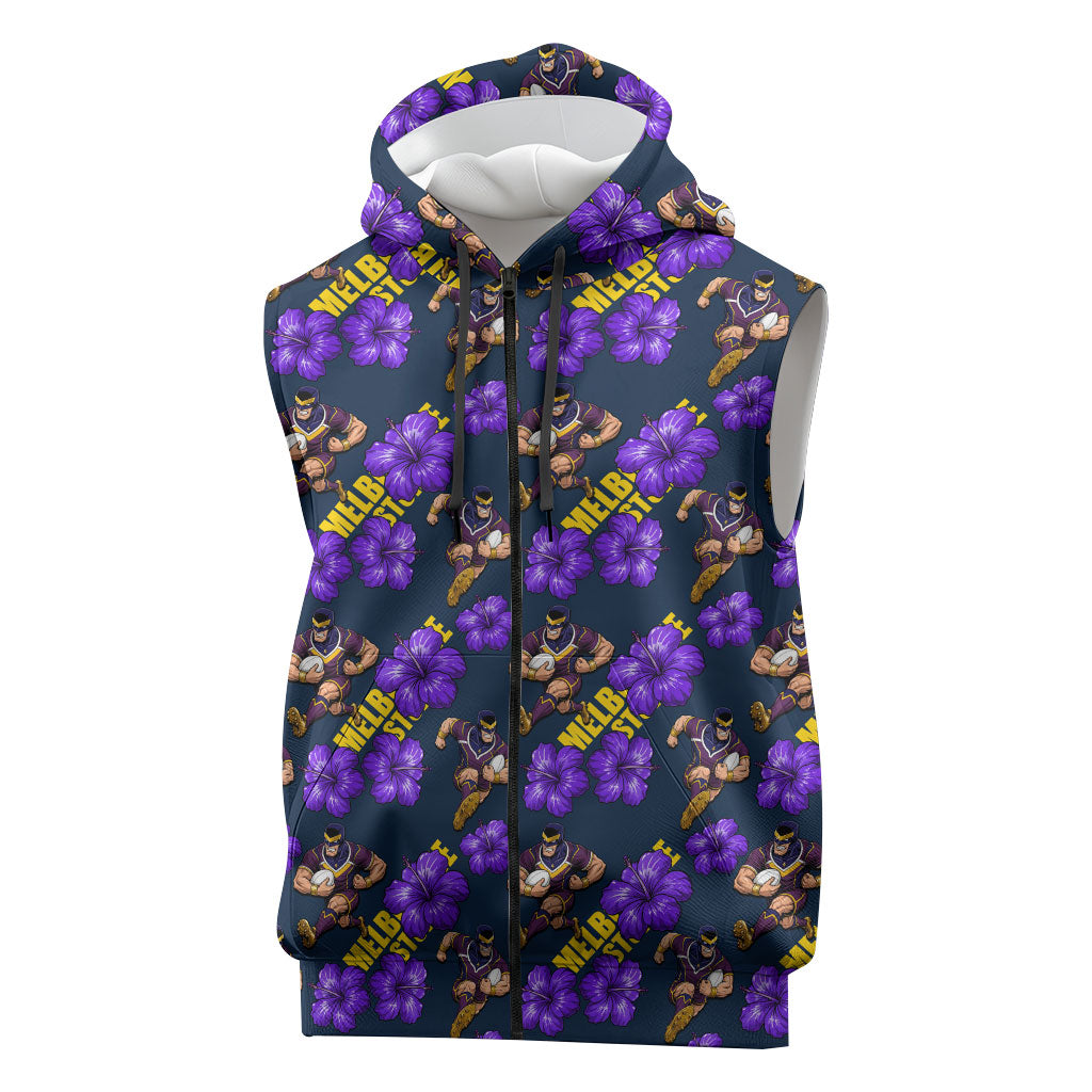 Melbourne Storm Sleeveless Zip Hoodie Tropical Hibiscus Floral Seamless Rugby Mascot
