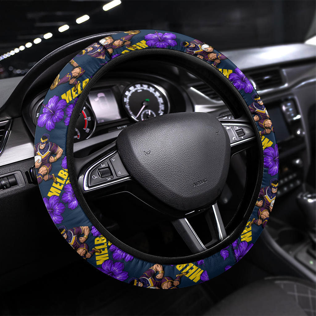 Melbourne Storm Steering Wheel Cover Tropical Hibiscus Floral Seamless Rugby Mascot