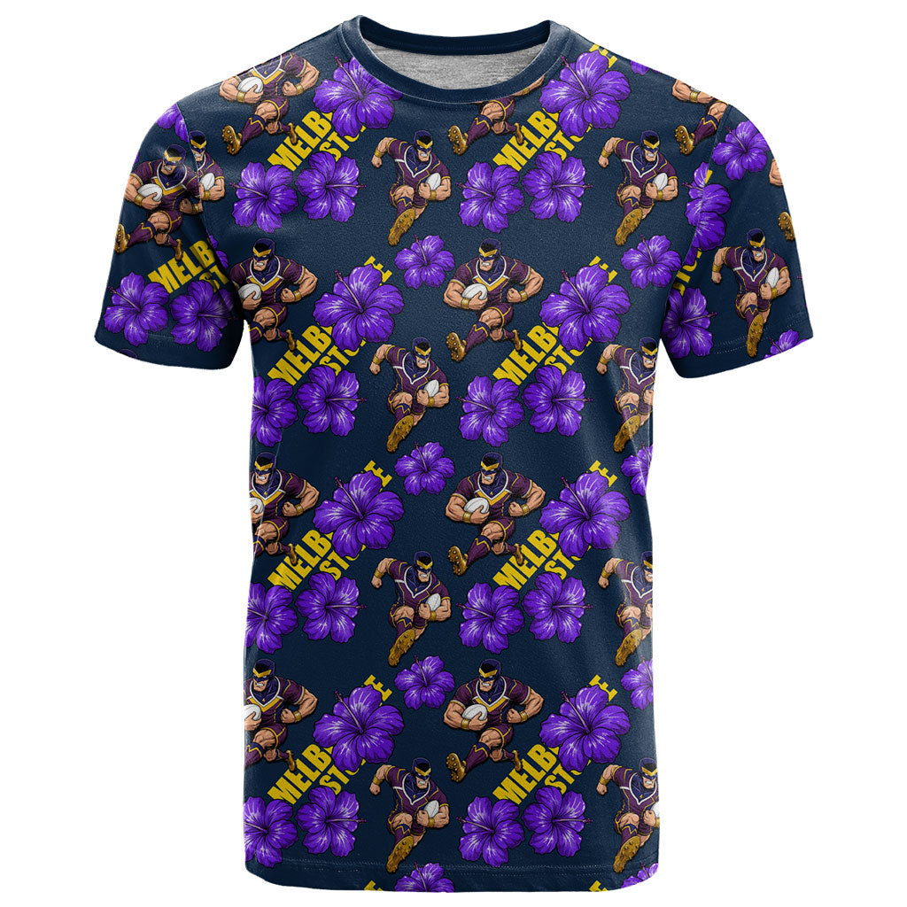 Melbourne Storm T Shirt Tropical Hibiscus Floral Seamless Rugby Mascot
