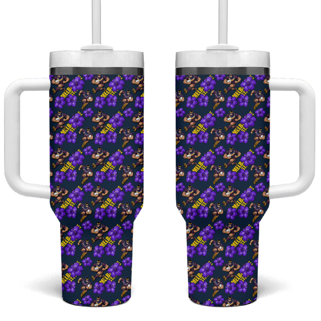 Melbourne Storm Tumbler With Handle Tropical Hibiscus Floral Seamless Rugby Mascot
