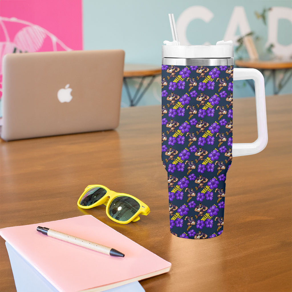 Melbourne Storm Tumbler With Handle Tropical Hibiscus Floral Seamless Rugby Mascot