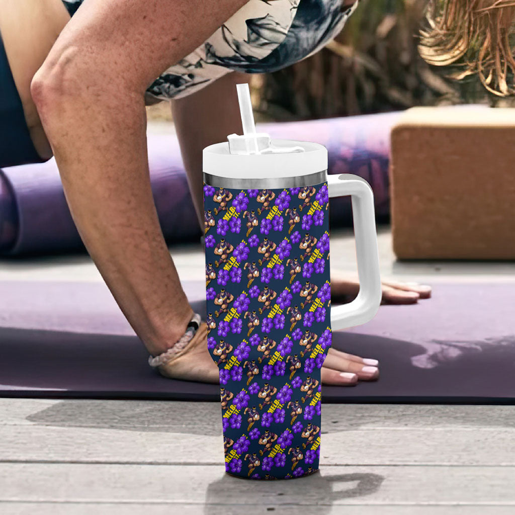 Melbourne Storm Tumbler With Handle Tropical Hibiscus Floral Seamless Rugby Mascot