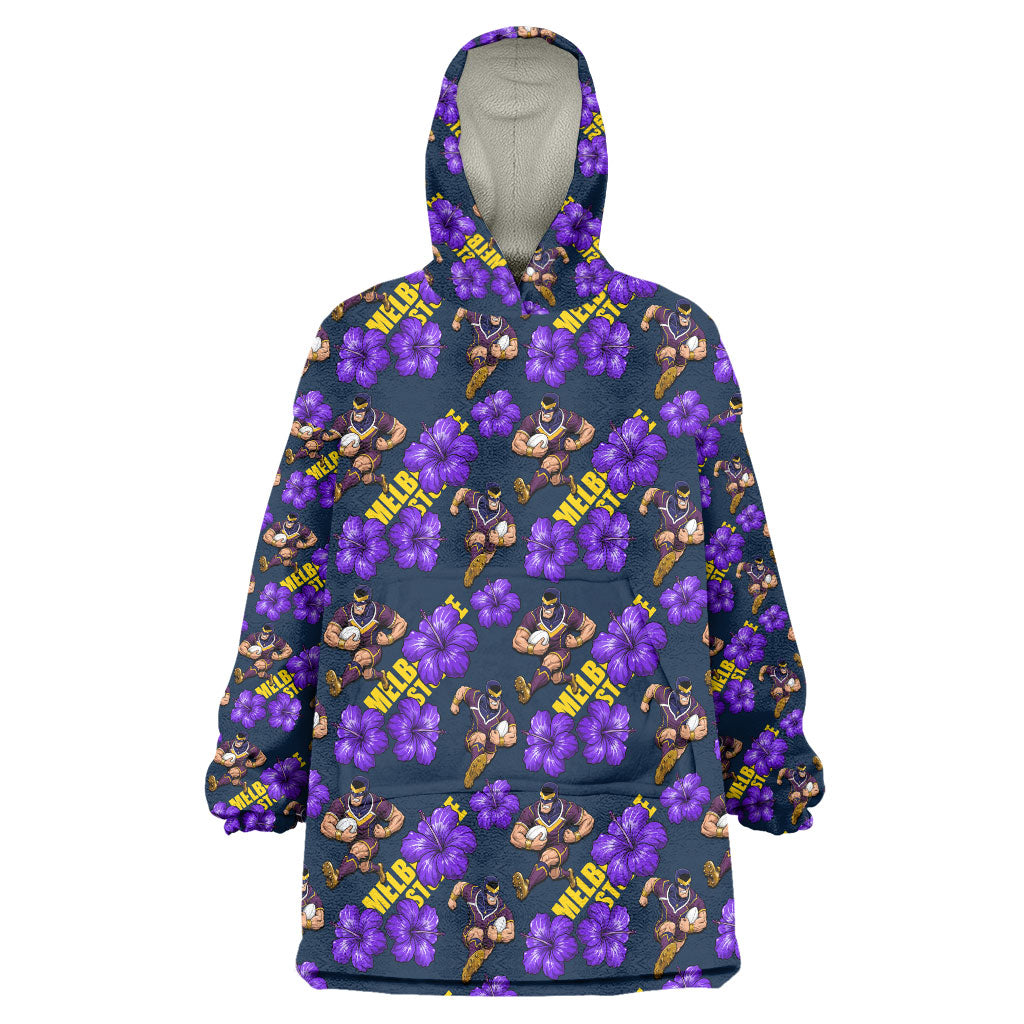 Melbourne Storm Wearable Blanket Hoodie Tropical Hibiscus Floral Seamless Rugby Mascot
