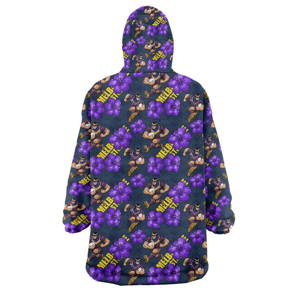 Melbourne Storm Wearable Blanket Hoodie Tropical Hibiscus Floral Seamless Rugby Mascot