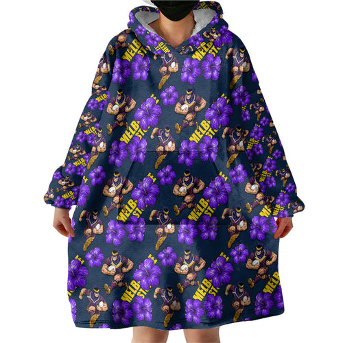 Melbourne Storm Wearable Blanket Hoodie Tropical Hibiscus Floral Seamless Rugby Mascot