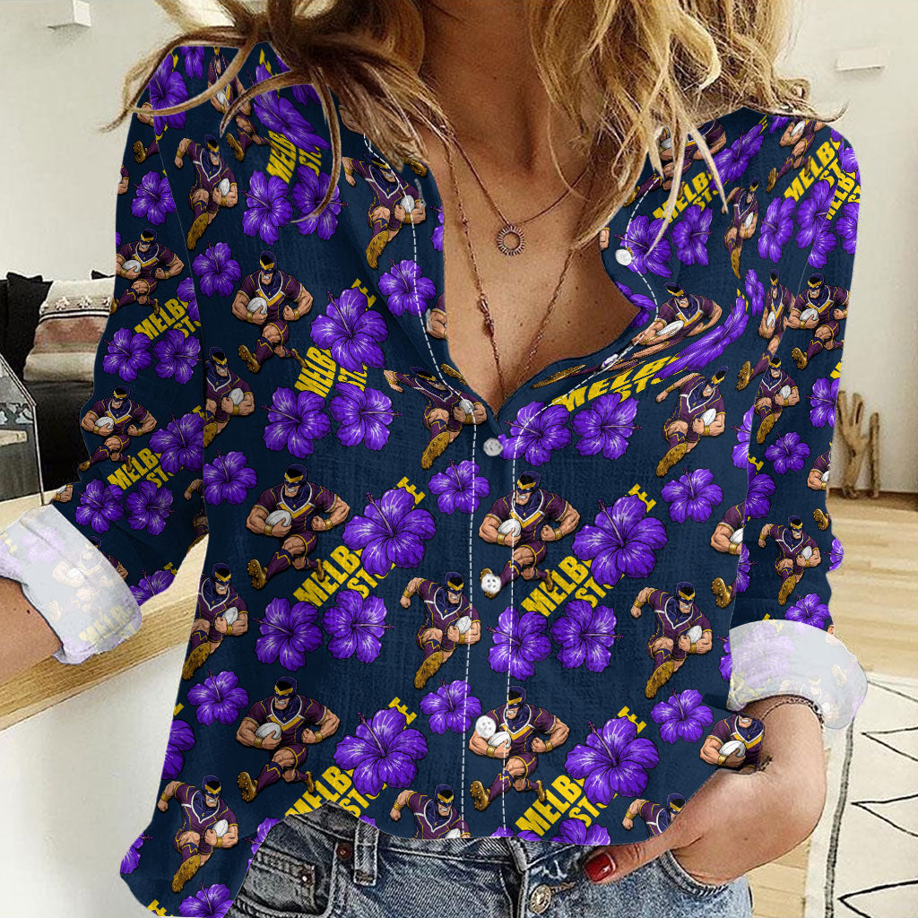 Melbourne Storm Women Casual Shirt Tropical Hibiscus Floral Seamless Rugby Mascot