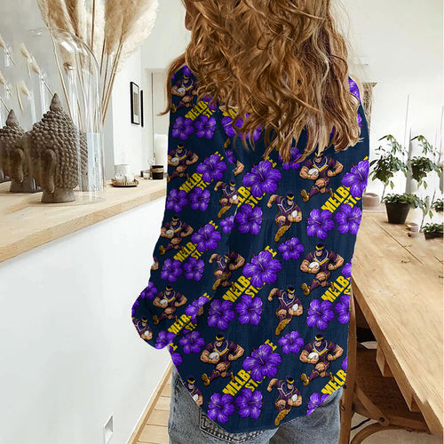 Melbourne Storm Women Casual Shirt Tropical Hibiscus Floral Seamless Rugby Mascot