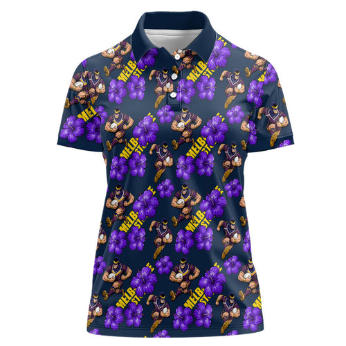Melbourne Storm Women Polo Shirt Tropical Hibiscus Floral Seamless Rugby Mascot