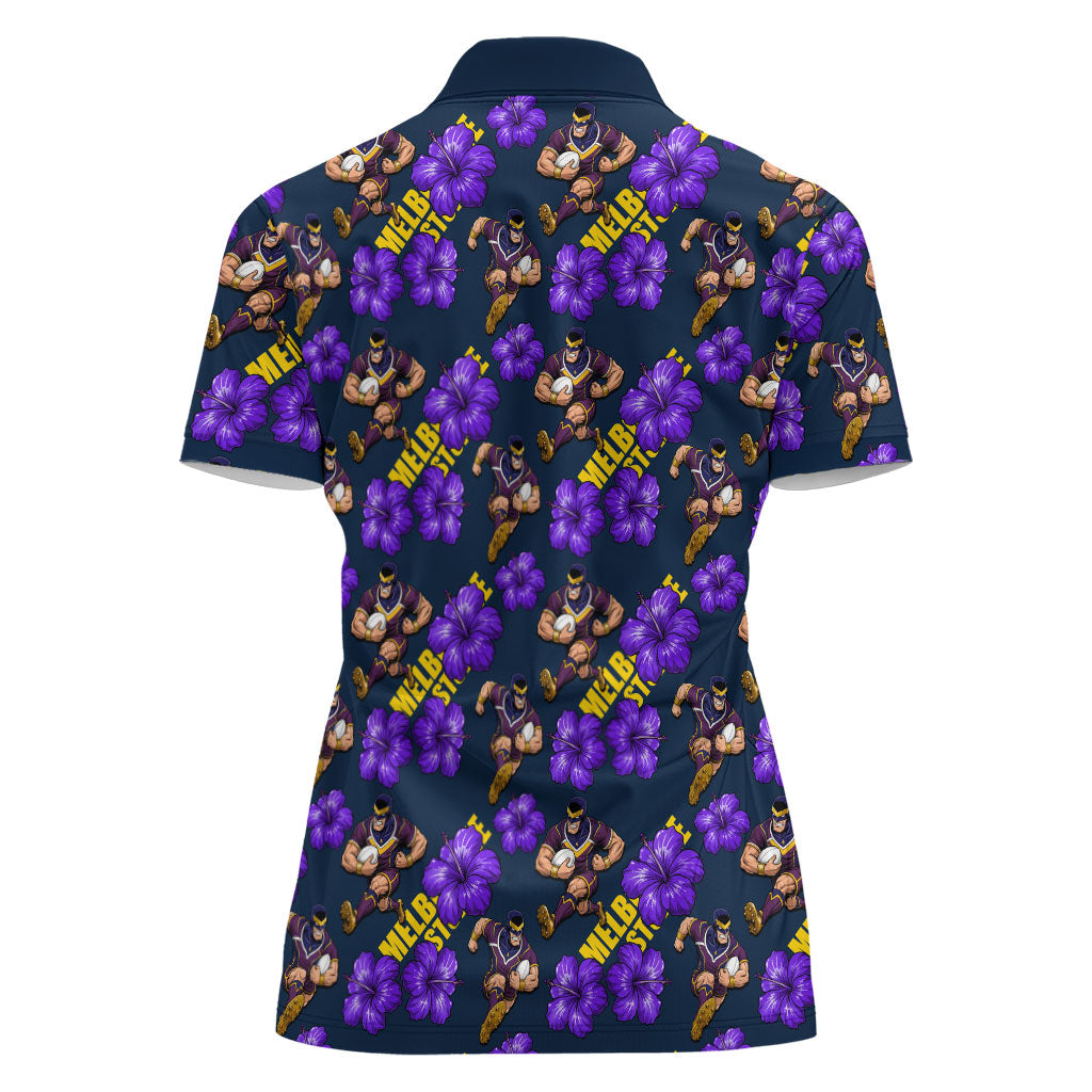 Melbourne Storm Women Polo Shirt Tropical Hibiscus Floral Seamless Rugby Mascot