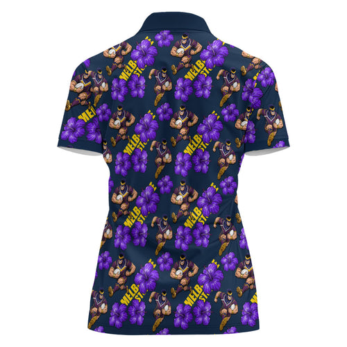 Melbourne Storm Women Polo Shirt Tropical Hibiscus Floral Seamless Rugby Mascot