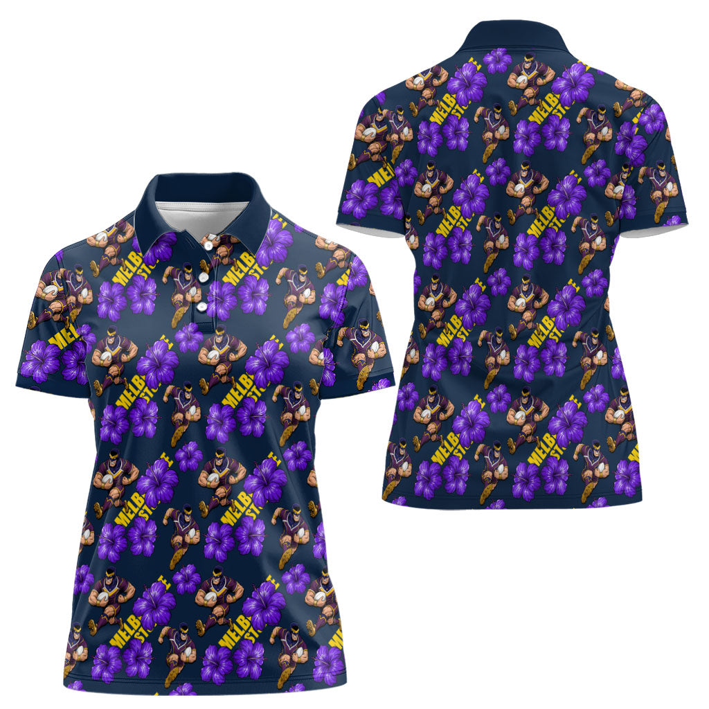 Melbourne Storm Women Polo Shirt Tropical Hibiscus Floral Seamless Rugby Mascot