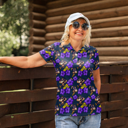 Melbourne Storm Women Polo Shirt Tropical Hibiscus Floral Seamless Rugby Mascot