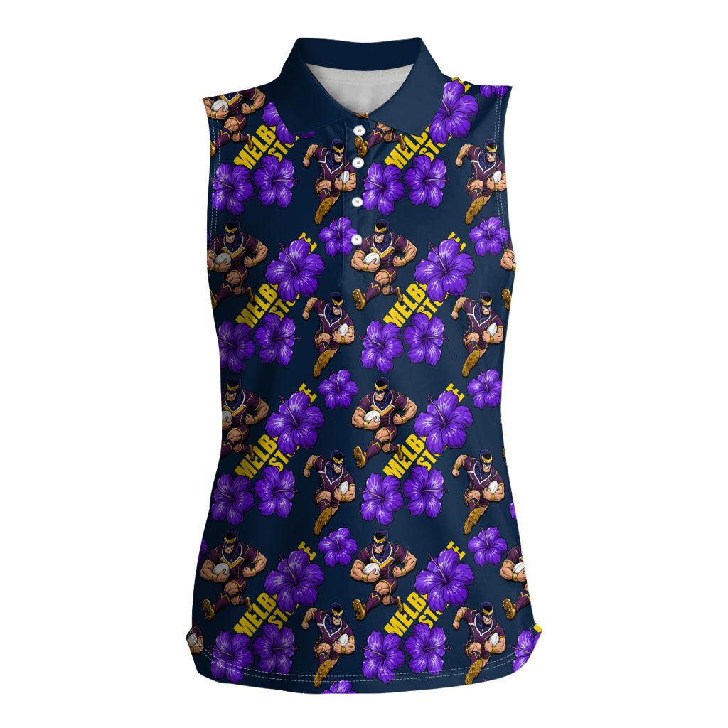 Melbourne Storm Women Sleeveless Polo Shirt Tropical Hibiscus Floral Seamless Rugby Mascot