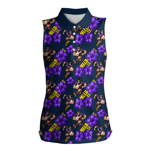 Melbourne Storm Women Sleeveless Polo Shirt Tropical Hibiscus Floral Seamless Rugby Mascot