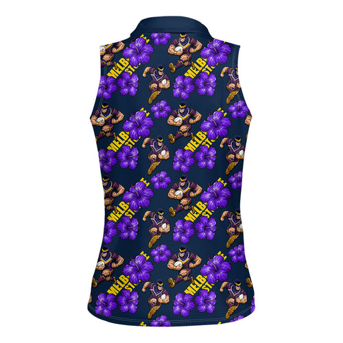 Melbourne Storm Women Sleeveless Polo Shirt Tropical Hibiscus Floral Seamless Rugby Mascot