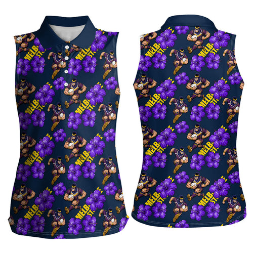 Melbourne Storm Women Sleeveless Polo Shirt Tropical Hibiscus Floral Seamless Rugby Mascot