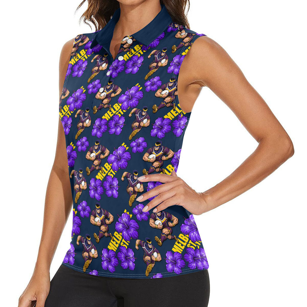 Melbourne Storm Women Sleeveless Polo Shirt Tropical Hibiscus Floral Seamless Rugby Mascot